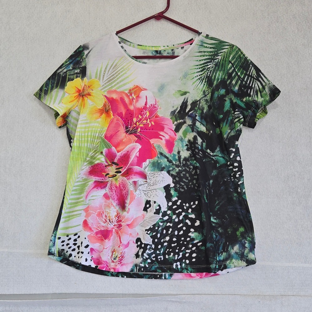 Allison Daley Petites PM Floral Tropical Print Rhinestone T-Shirt Short Sleeve